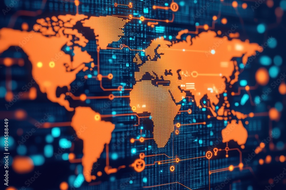 Poster global network digital world map circuit board technology connectivity data orange