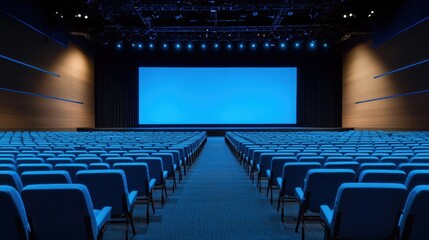 Naklejka premium Modern Auditorium Empty Seats Large Screen Conference Venue Event Space
