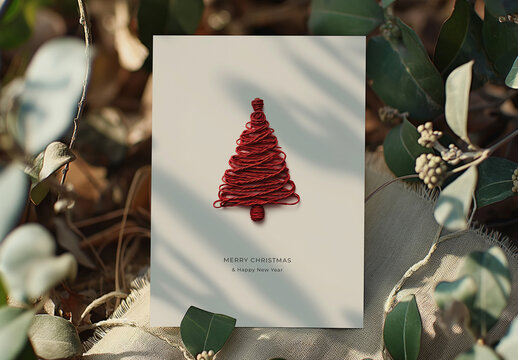 Minimal White Christmas Card With Red Twine Tree