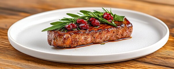 A beautifully plated steak garnished with herbs and berries, showcasing a rich, savory presentation on a rustic wooden table.