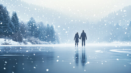 Obraz premium A couple ice skating on a frozen lake, holding hands and enjoying a romantic winter date with snow gently falling around them.