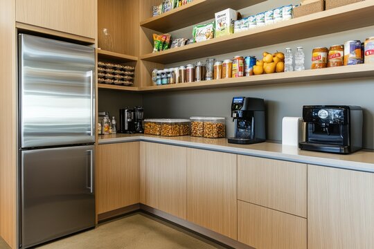 A modern kitchen area with appliances and organized food items.