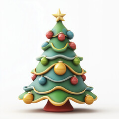 Christmas tree on a white background with colorful ornaments and a star on top, 3D style