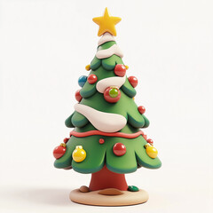 Christmas tree on a white background with colorful ornaments and a star on top, 3D style