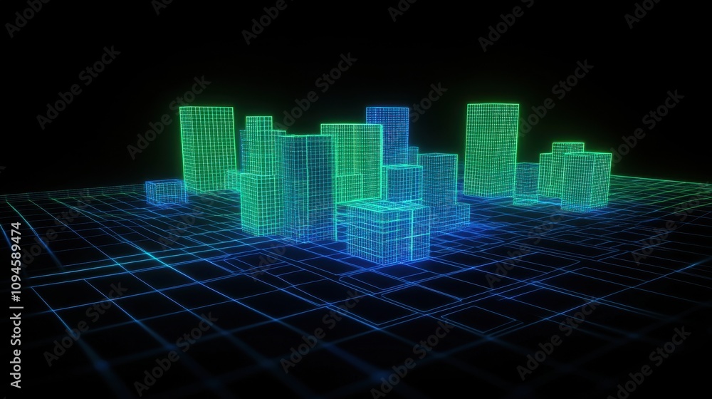 Poster a digital representation of a city skyline in a wireframe style using neon colors.