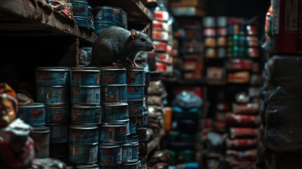 A Rat Perches Atop Stacked Cans In A Store