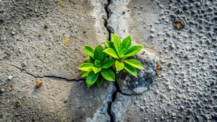 Aerial View of Resilience: A Sprouting Plant Growing Through a Crack in Concrete, Symbolizing Nature's Tenacity and Urban Survival