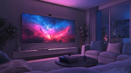 Modern living room with a widescreen TV displaying a vivid night sky, minimalist decor, and a comfortable gray couch.