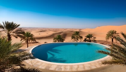 Fototapeta premium Desert oasis with a crystal-clear pool surrounded by date palms and golden dunes