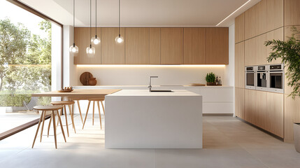 A modern kitchen with sleek, minimalist design, featuring a spacious island with a built-in sink and seating area. The countertops are quartz, and the cabinets have a matte finish. 3D render.