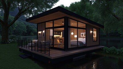 Tiny house features a modern two-story design with glass windows, illuminated interiors, and a balcony set in a serene environment at night