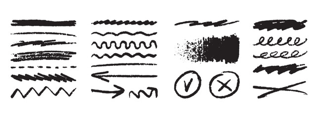 Obraz premium Grunge lines, hand drawn Rough strokes. Texture charcoal or pencil drawing. Crayon scribbles set. 