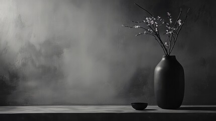 Minimalist still life with a black ceramic vase holding delicate branches against a textured gray background. Elegant and serene. AI generative.