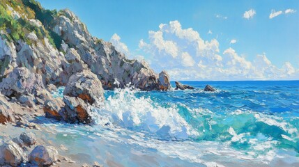 A Coastal Scene with Rocky Cliffs and Crashing Waves