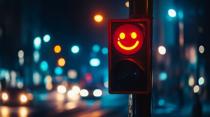 Smiley face on red traffic light at night 