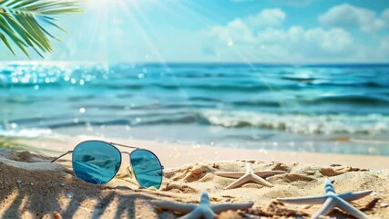 Sunny Beach Scene with Sunglasses. A sunny beach scene with sunglasses and a starfish on the sand, perfect for vacation themes, summer promotions, and nature designs.