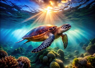 Obraz premium Captivating Sea Turtle Gliding Through Mysterious Blue Waters - Low Light Underwater Photography for Marine Life Enthusiasts