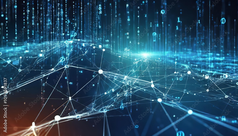 Poster abstract digital illustration showcasing data flow through interconnected network nodes, representin