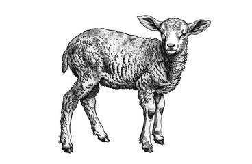 Fototapeta premium Sheep, lamb. Vintage retro print, black white sheep lamb sketch ink pencil style drawing, engrave old school. Sketch artwork silhouette farm sheep lamb. Side view profile. Illustration