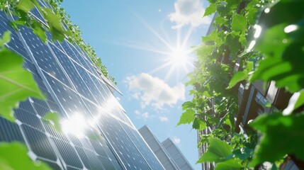 Fototapeta premium Green building with solar panels generating clean energy.