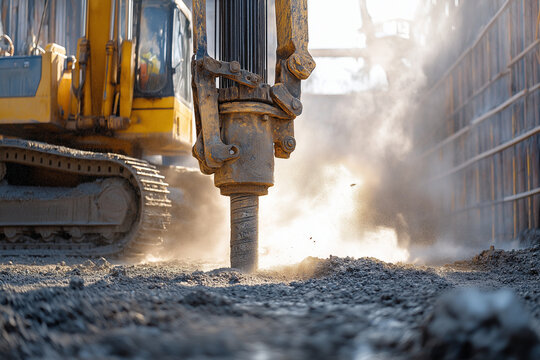 Close-up of the piling machine in action, with dust rising around and light reflecting off its surface. The background is an industrial construction site under bright sunlight.