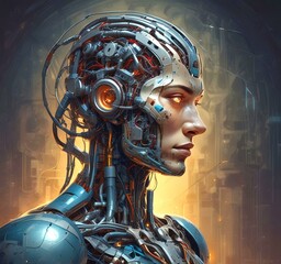 Technology illustration of cyborg with brain connections.