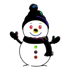 A cartoon snowman is standing with his arms outstretched. He is wearing a black hat with a blue pom-pom on top of it.