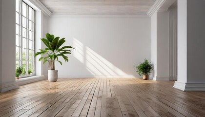 A serene, minimalist white room featuring a warm wooden floor, accented by natural light and a single lush potted plant, creating a tranquil and stylish space perfect for contemplation or