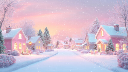 Fototapeta premium Cartoon winter scene with houses and christmas trees for text