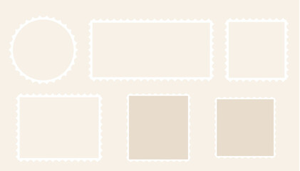 Post stamp. Blank empty postage mark, retro vintage border frame wavy edge. Perforated template. Paper postmarks isolated on white background. 