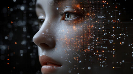 Portrait of a digital woman with futuristic elements and glowing lights set against a dark background. Generative AI