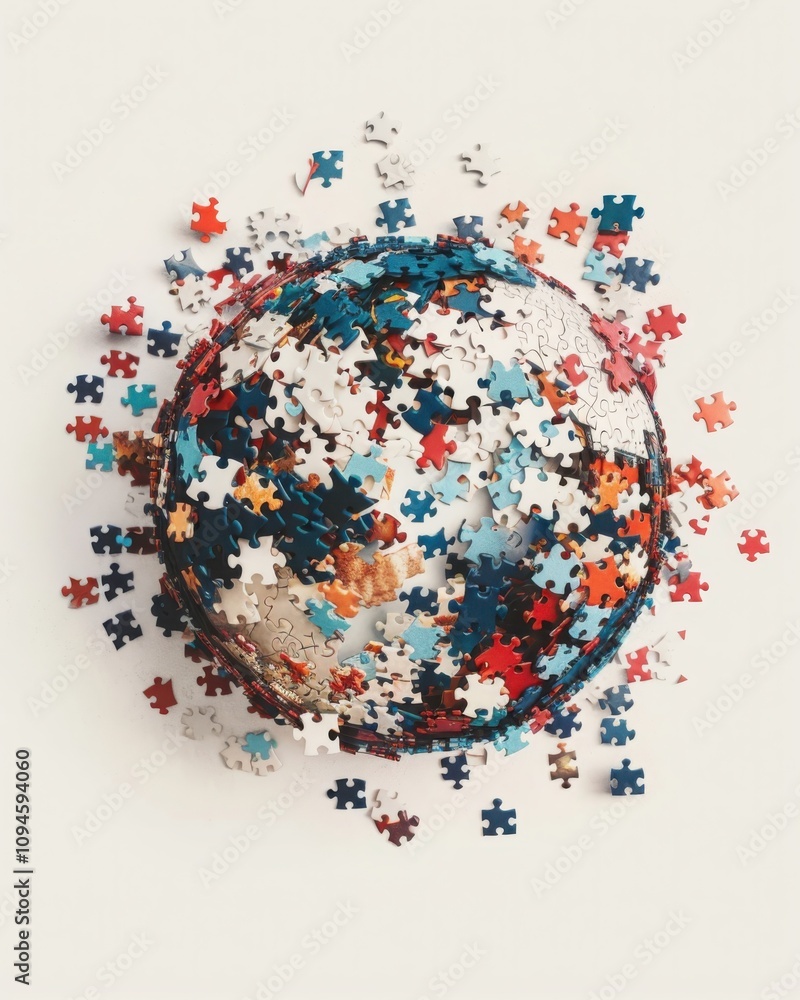 Poster creating an abstract globe of colorful puzzle pieces on a smooth neutral background for visual art
