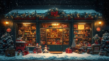 Fototapeta premium Christmas toy store window display with wooden toys and snowy decor