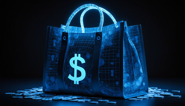 Hologram dollar symbol, Digital blue hologram money bag with a dollar sign 