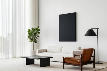 Minimalist living room interior with off-white sofa, leather armchair, coffee table, floor lamp, and fiddle leaf fig plant.