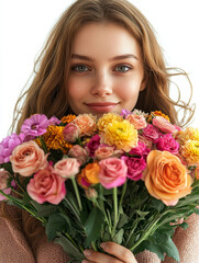 Cheerful woman holding vibrant bouquet of flowers, expressing appreciation and joy. Perfect for Mother Day, this half body shot captures her happiness against white background