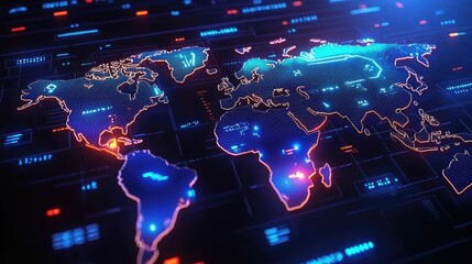 Glowing digital world map with data points highlighting global connectivity and network.