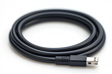 Black-colored Type-C cable, white background, hyper-realistic photography, ultra-wide-angle lens