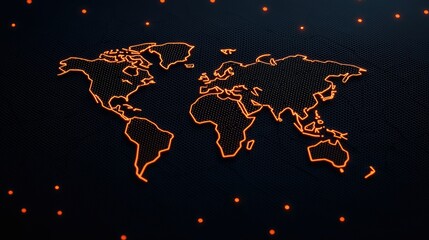 Naklejka premium Glowing orange world map on dark textured background with small lights.