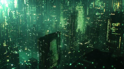 Futuristic green matrix cityscape with digital rain and glowing buildings.