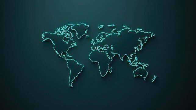 Fototapeta Teal neon world map on dark background.