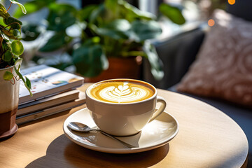 Beautifully crafted decaf latte with foam art in white cup on wooden table. Lush greenery, cozy sunny cafe atmosphere on background. Concept of tranquil, relaxation and aesthetic pleasure. Copy space