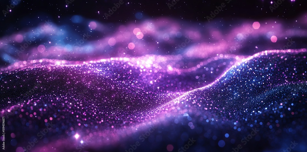 Poster a vibrant, abstract representation of cosmic waves with sparkling particles.