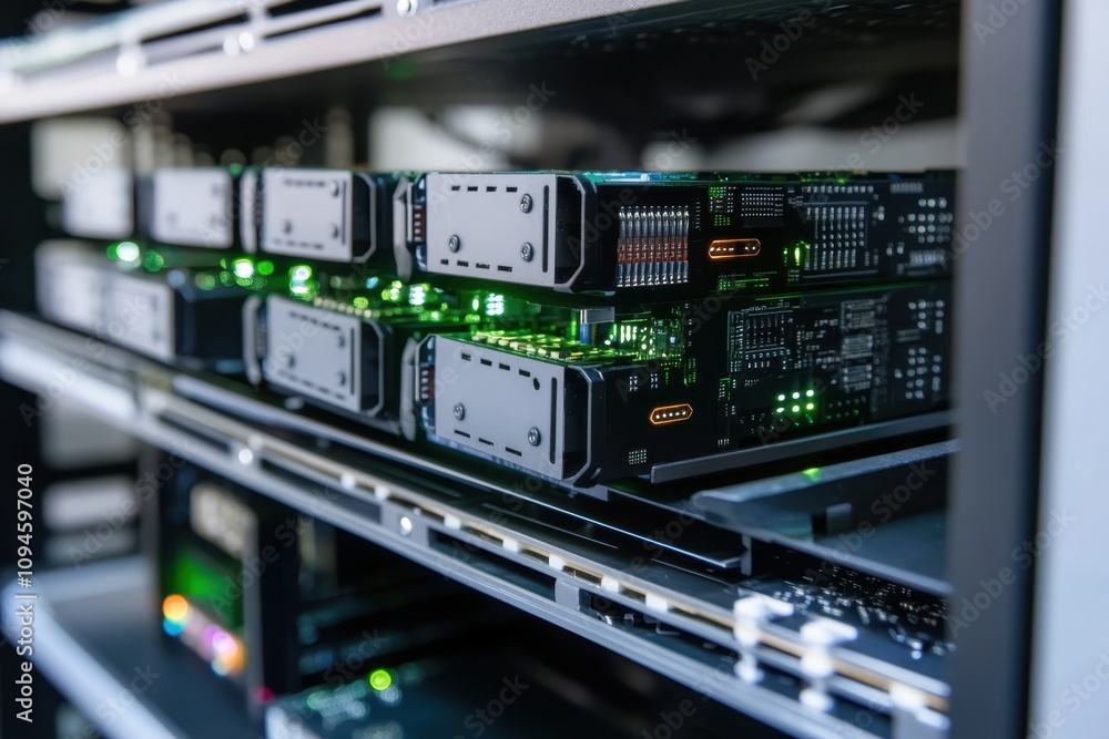 Poster data storage devices illuminated in a server rack within a technology hub