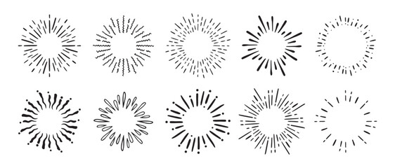 Vintage doodle Fireworks Sunburst Explosion set. Hand drawn Design Elements Black Rays