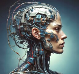 Technology illustration of cyborg with brain connections.