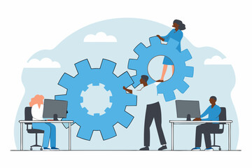 Work Together, Teamwork or Cooperate to Success, Solution to Team Support for Best Efficiency or Productivity, Development or Organization Concept, Businessman People Connect Gear Cogwheels Together

