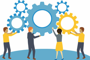 Work Together, Teamwork or Cooperate to Success, Solution to Team Support for Best Efficiency or Productivity, Development or Organization Concept, Businessman People Connect Gear Cogwheels Together

