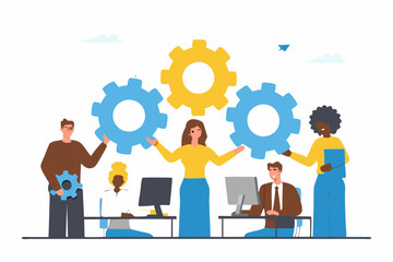 Work Together, Teamwork or Cooperate to Success, Solution to Team Support for Best Efficiency or Productivity, Development or Organization Concept, Businessman People Connect Gear Cogwheels Together


