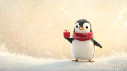 Fototapeta premium Festive penguin holding gift winter wonderland cute animal image snowy background whimsical view holiday spirit